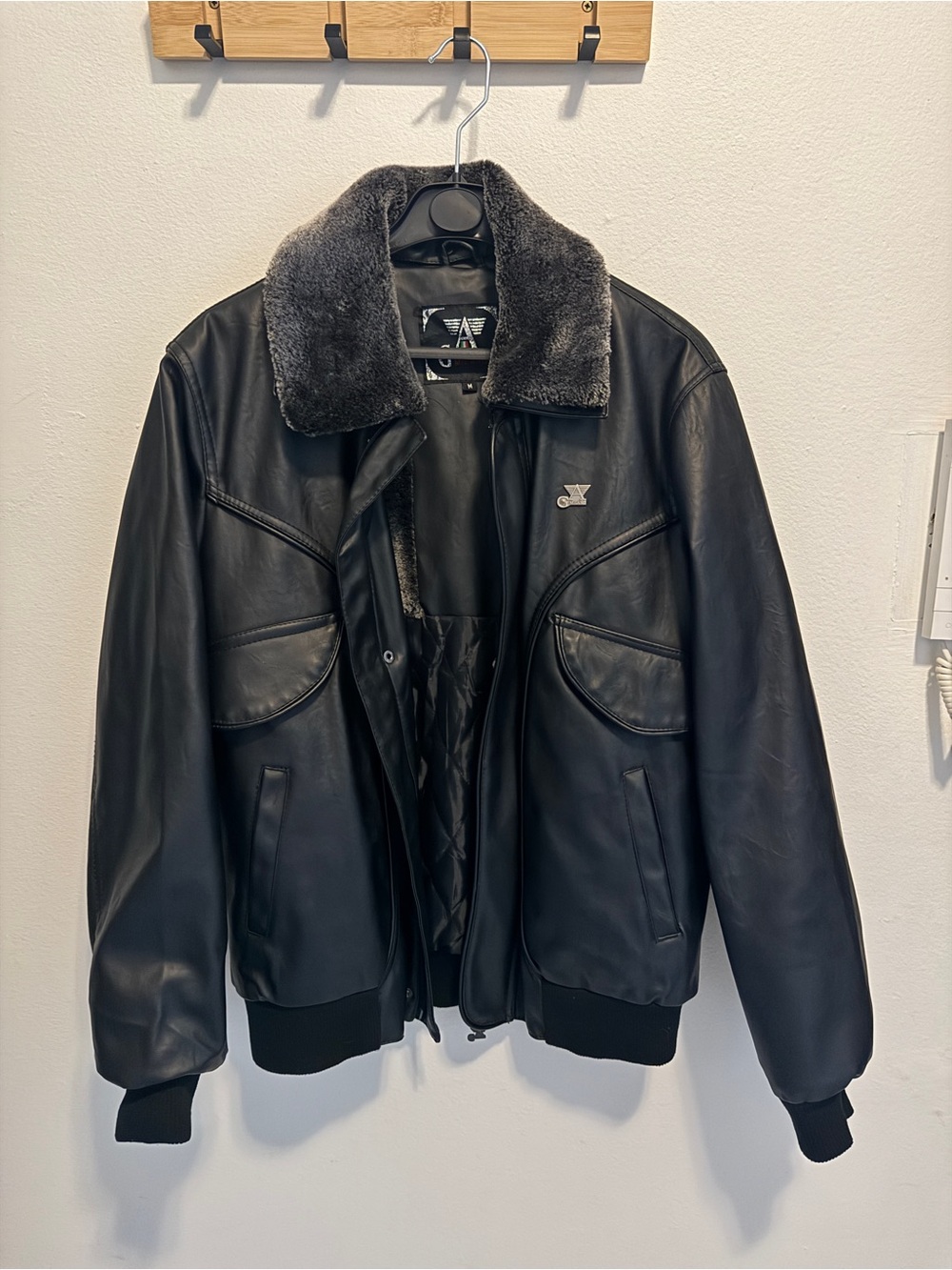 Women's Black Faux-Leather Jacket with Faux-Fur Collar
